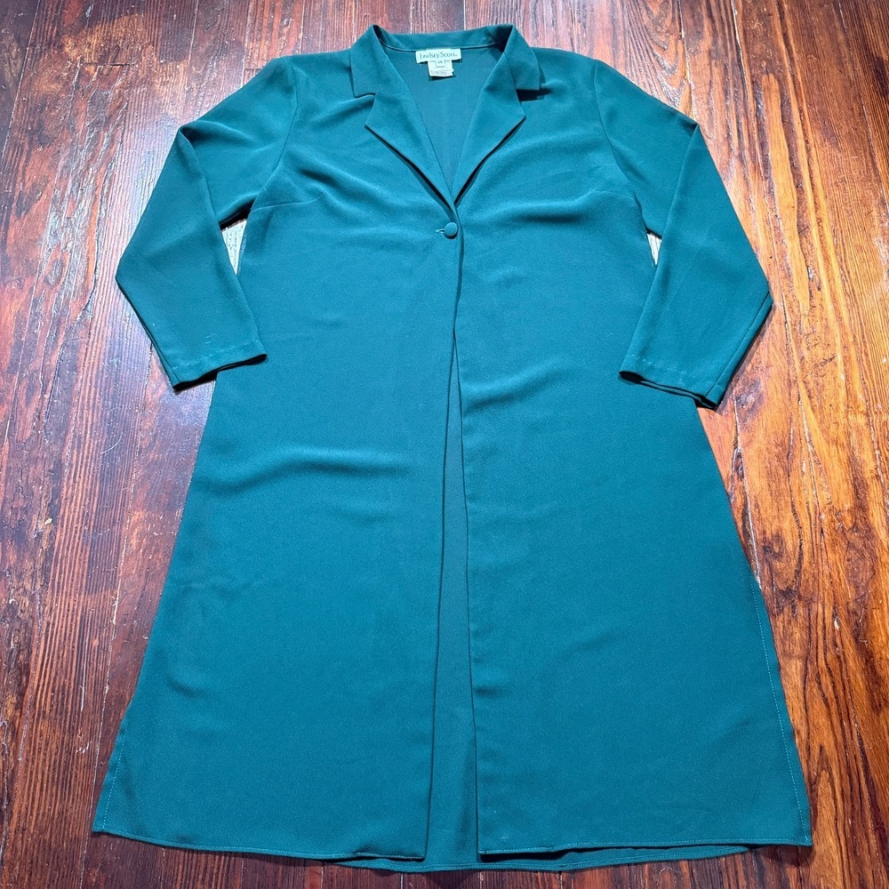 VTG Lindsey Scott Sheer Jacket Duster Size 14 Green Minimalist Collar‎ USA MADE